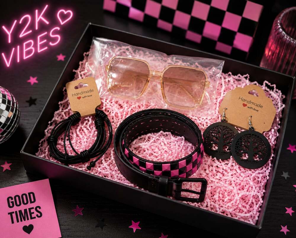 Y2K Pink Black Studded Belt Sunglasses Bracelet Earrings Bundle